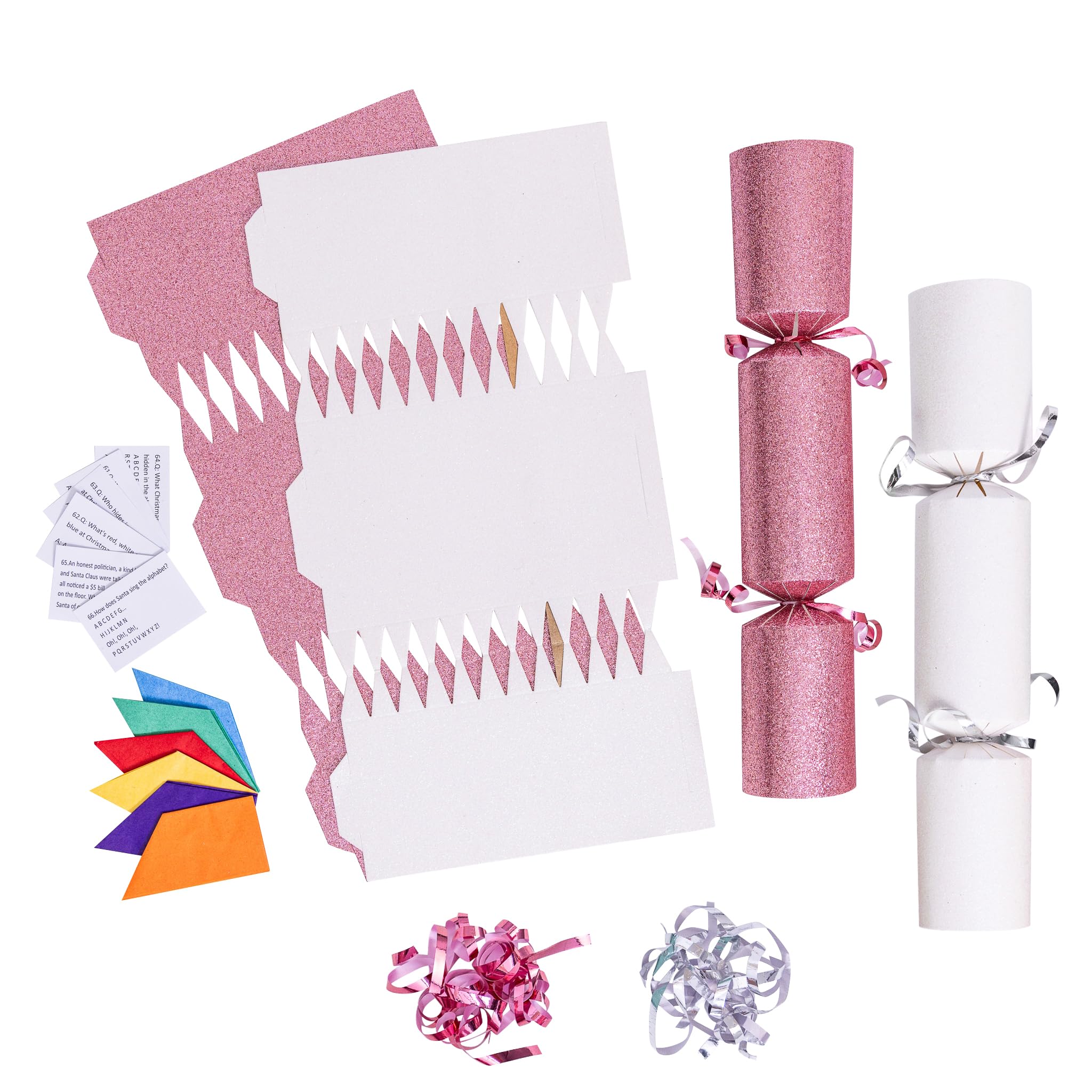 evelay 12 Make Your Own Christmas Cracker Kit DIY White & Pink Glitter Crackers Hats Snaps Jokes (White, Pink)