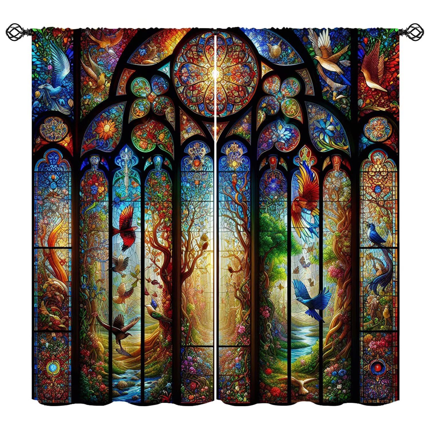 FengMingRui Fantasy Stained Glass Curtains Dream Forest Bird Geometric Patchwork Abstract Window Treatments for Kids Boys Girls Bedroom Living Room
