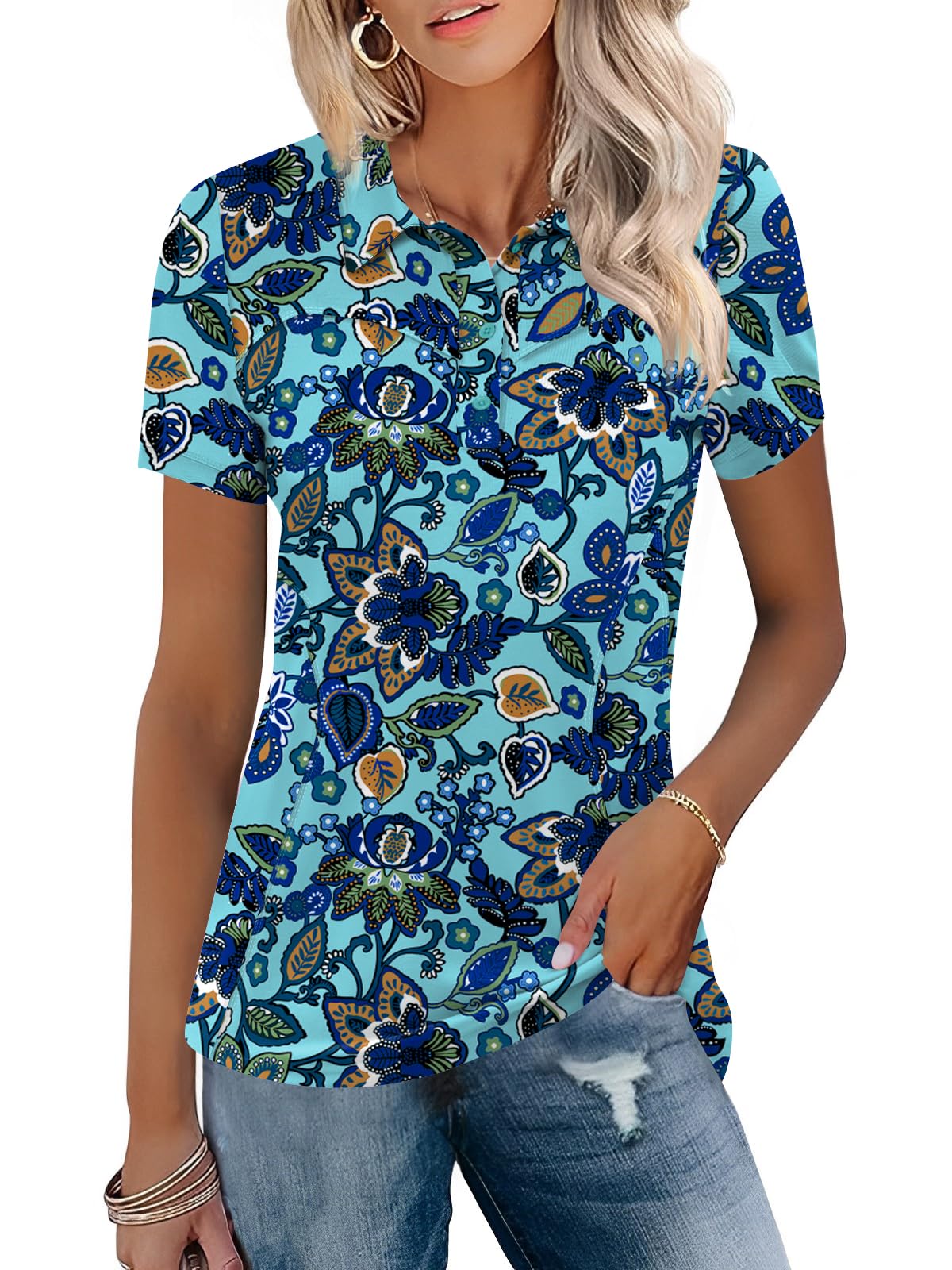 TFSDOD Womens Golf Polo Shirts Collared Short Sleeve T Shirt Lightweight Moisture Wicking Polo Casual 3 Buttons Outfits