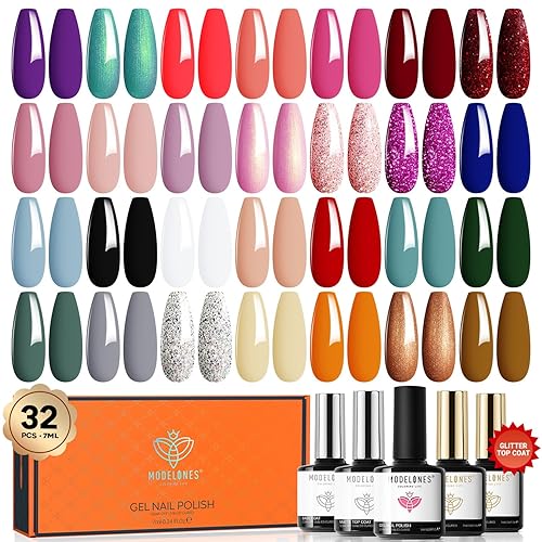 modelones Juego de 32 esmaltes de uñas de gel, 28 colores de esmalte de gel de primavera con capa base superior brillante, mate y brillantina, verde