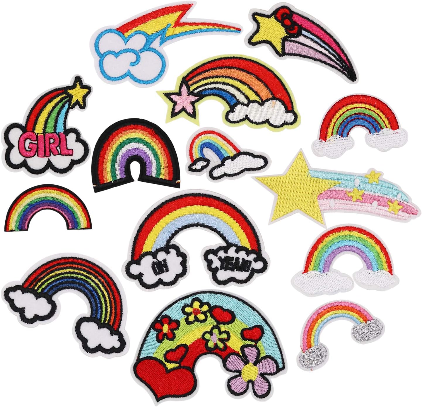 14pcs Rainbow & Clouds Iron on Patches Embroidered Motif Applique Decoration Sew On Patches Custom Patches for DIY Jeans, Jacket,Kid's Clothing, Bag, Caps, Arts Craft Sew Making (Rainbow 14pcs)