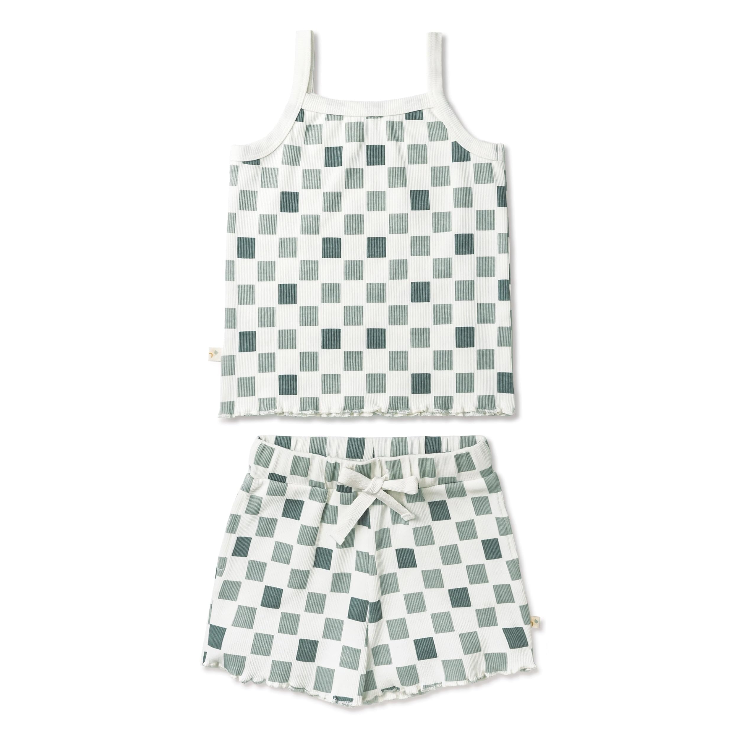 MakeMake Organics GOTS Certified Organic Cotton Organic Girls Spaghetti Top &amp; Shorts Set - Chequered Print, (4-5 Years)