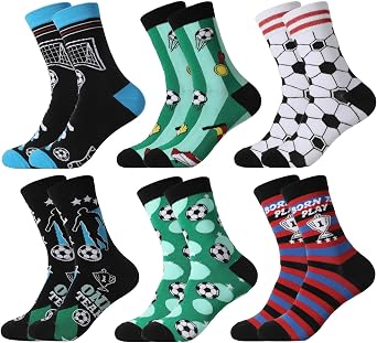 6 Pairs Funny Soccer Socks for Men Youth Boys | Novelty Athletic Foofball Crew Socks, Size 7-11,Cotton Breathable, Funny Soccer Gifts for Soccer Lovers Sport Party Favors