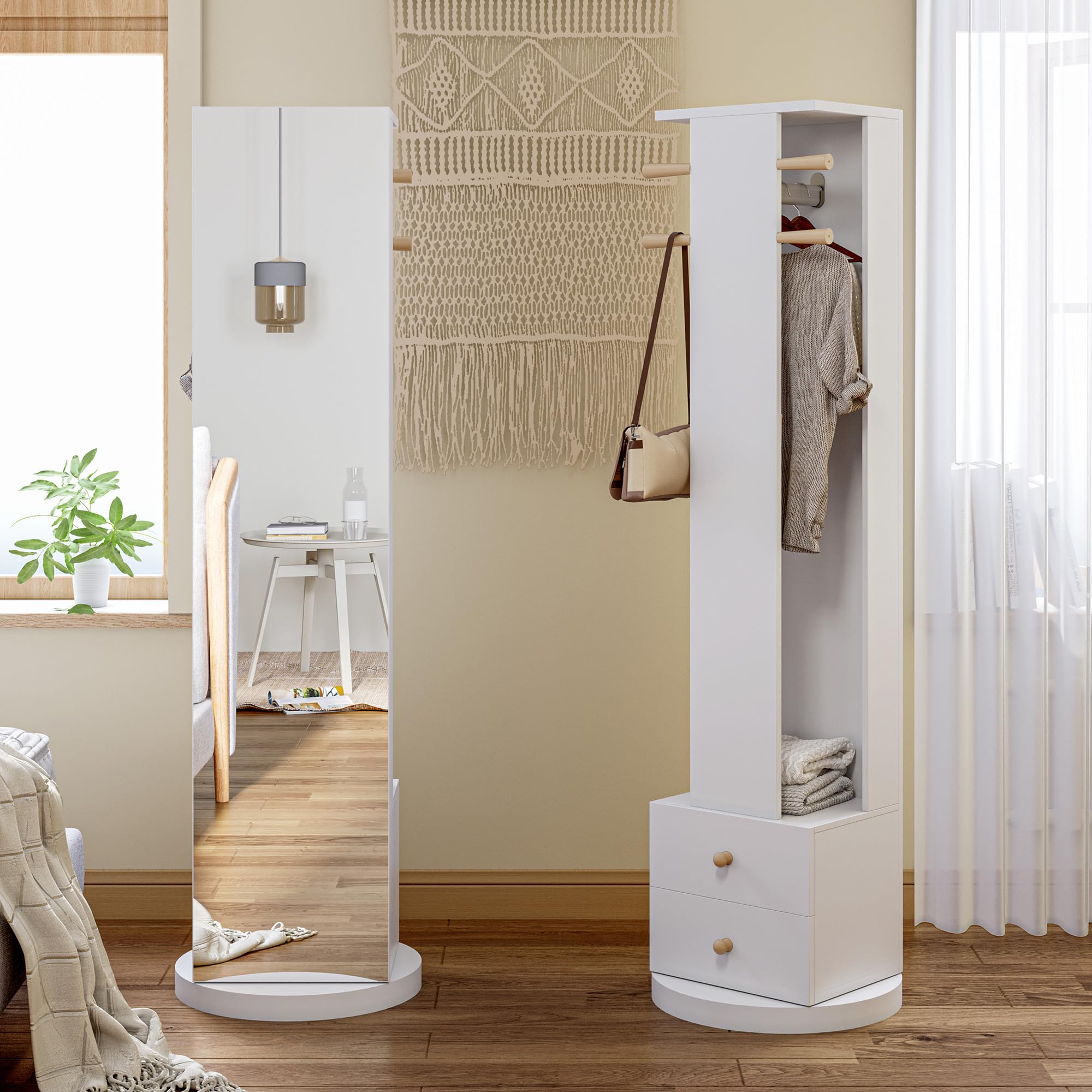 Specchio girevole a 360° con appendiabiti, specchio da pavimento con 1 appendiabiti, 2 cassetti, 4 ganci, specchio da pavimento su ruote per camera da letto, soggiorno (bianco)