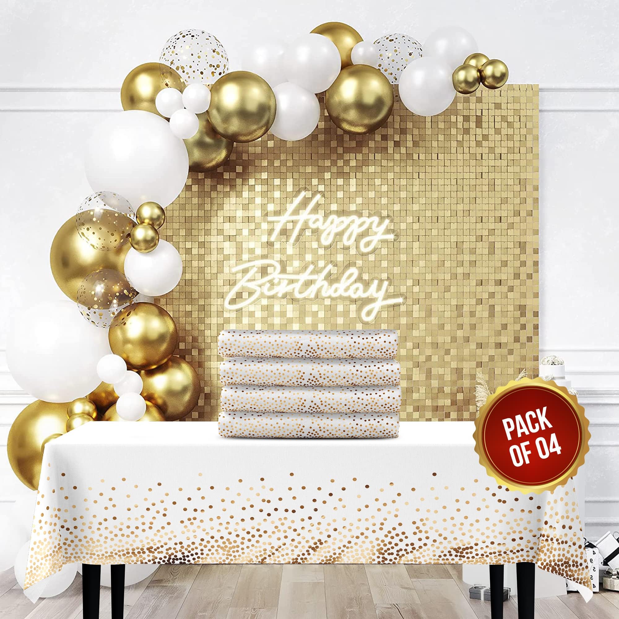 Glitz&Gather Heavy Duty Plastic Table Cloth For Parties Disposable 4 Pack, 54''x108'' for Rectangle Table |Decorative Durable,Waterproof & Wrinkleless Gold TableCloth |Plastic Table Cover For Weddings
