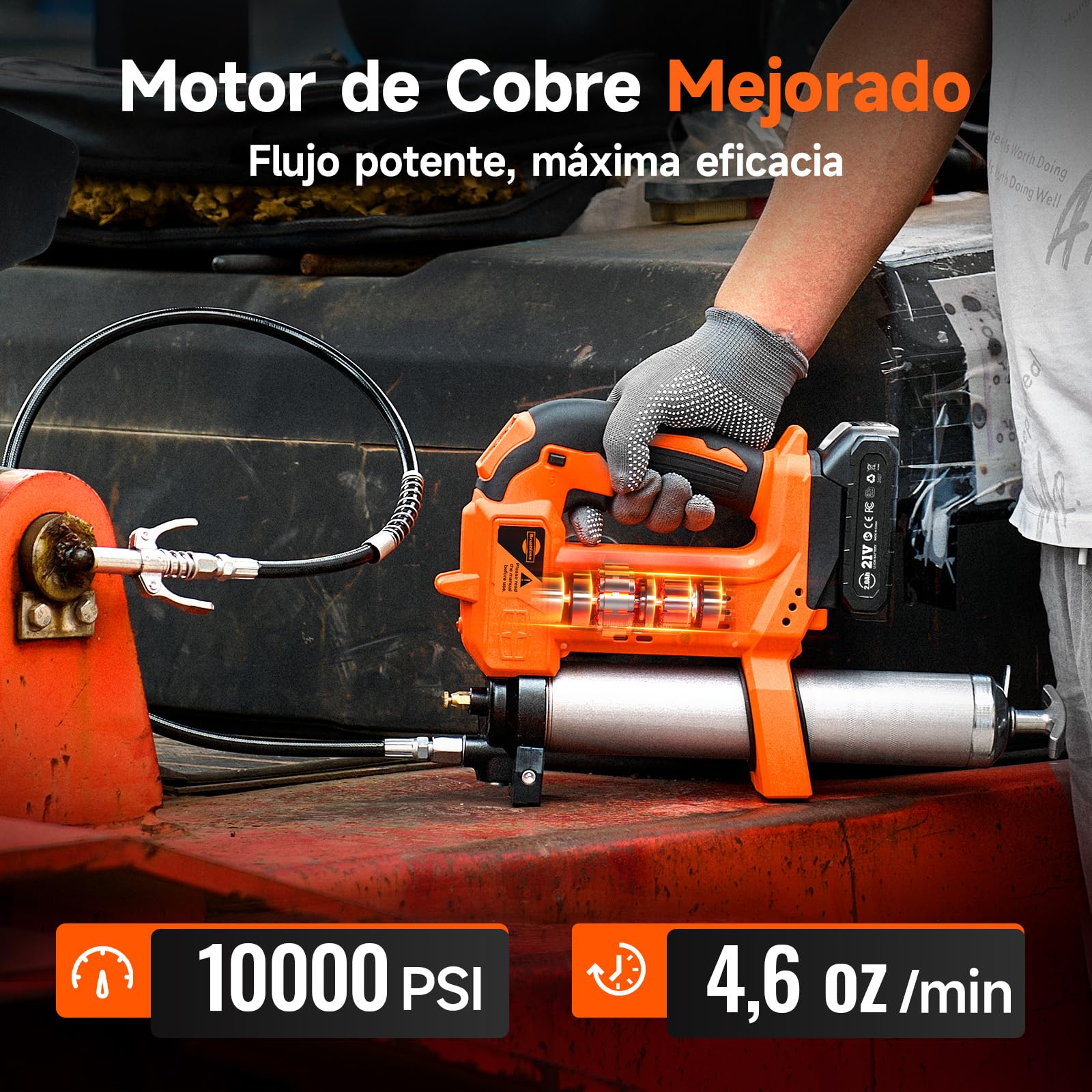 TaskStar Engrasadora a Batería de 10000 PSI: Engrasadora Mejorada con Control Automático del Volumen de Grasa, 2 Baterías *2,0AH, 3 Acopladores - 4,6 oz/min Eficaz para Tractores, Camiones y Máquinas