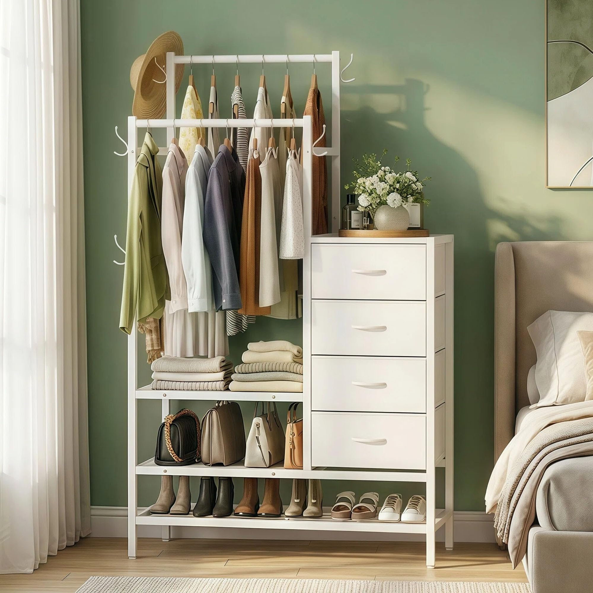 FEONASE Cassettiera 3 in 1 Per Camera Da Letto, Con 4 Cassetti in Tessuto, Con 2 Appendiabiti e 5 Ganci, il Design inferiore a Tre Strati Può Contenere Scarpe, Borse, Vestiti e Altri Oggetti, Bianco