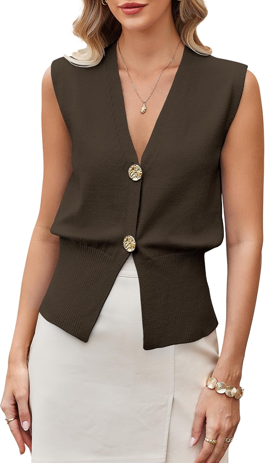 GUOLEZEEV Womens Sweater Vest Button Up V Neck Knit Vest Tops Sleeveless Cardigan Sweaters Tank Top