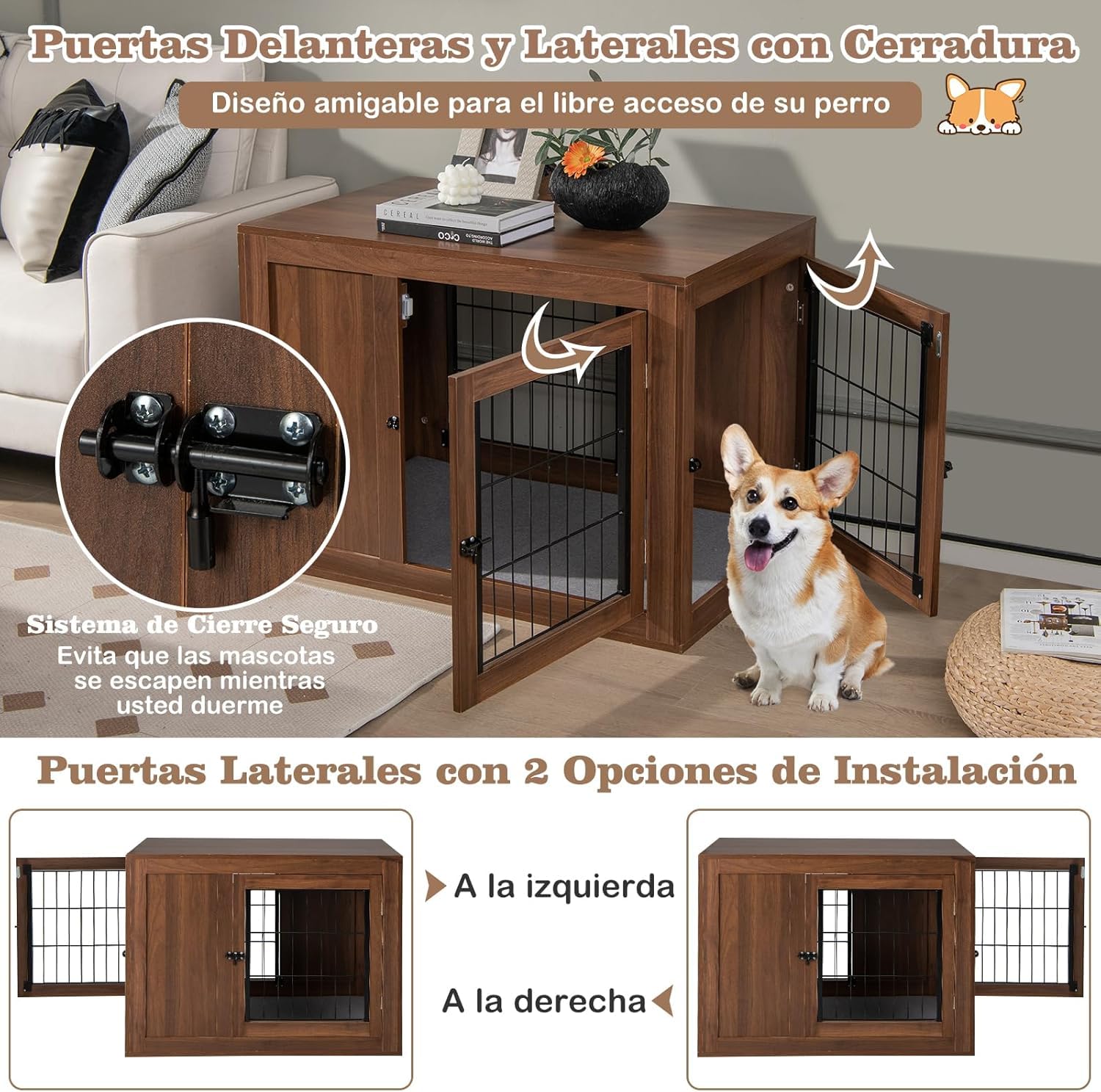 GOPLUS Jaula para Perro 2 en 1 con Cojín Cómodo y Doble Puerta, Casa de Jaula para Perros, Nicho Decorativo de Malla para Perros Pequeños y Medianos 92 x 59 x 66,5 cm, Marrón