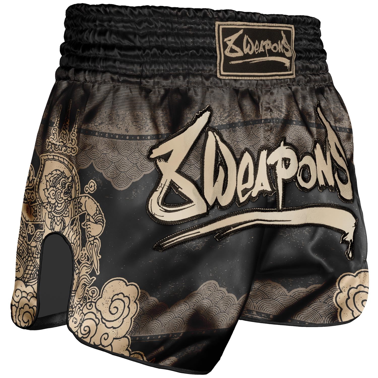 8 WEAPONS Muay Thai Shorts Hanuman, Schwarz-Gold, Kickboxhose für Training & Wettkampf, Thaibox Shorts Satin, Atmungsaktiv, Langlebig, Kampfsporthose für MMA, K1, Boxen, Thai Boxen
