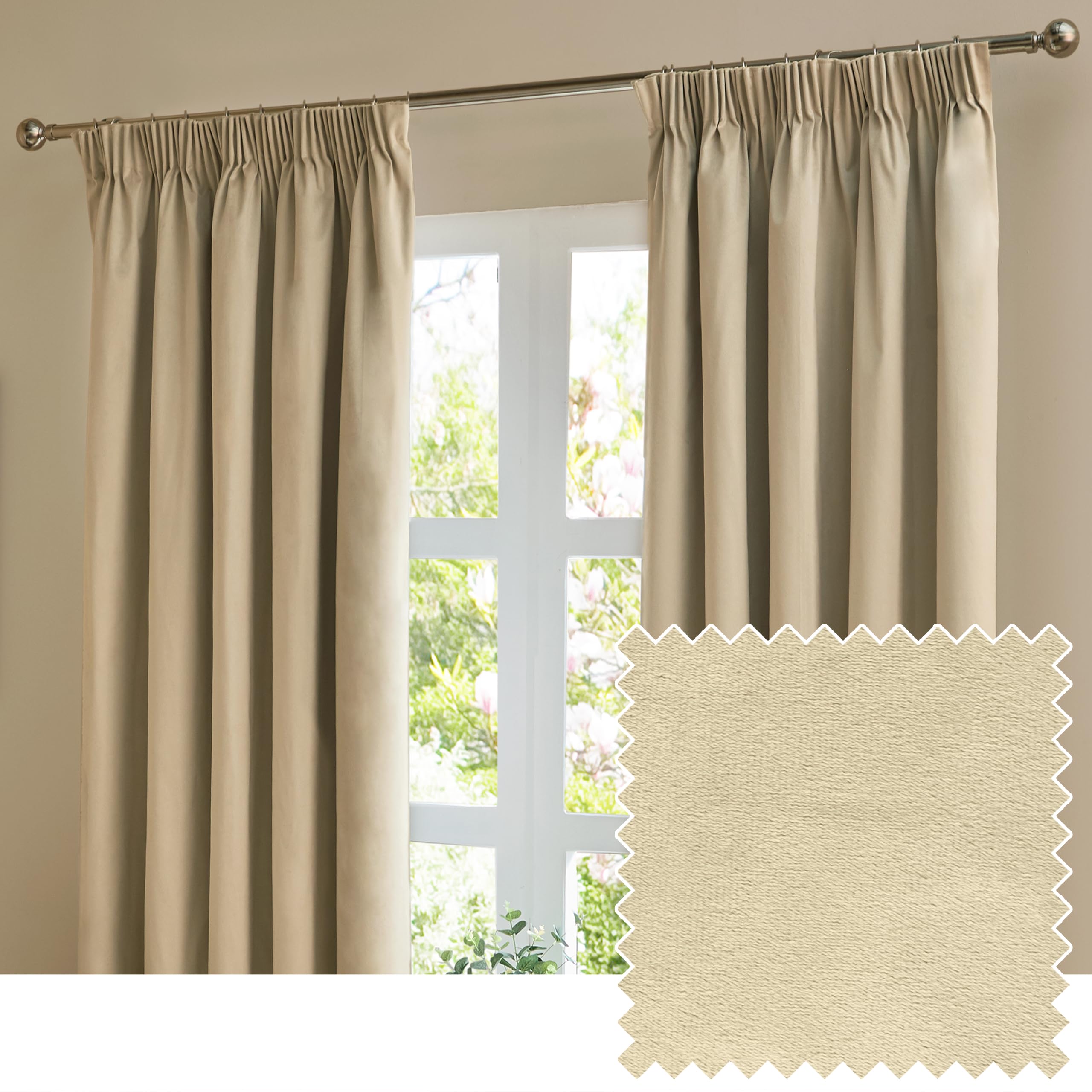 Furn Beige The Ultimate Velvet 100% Blackout Pencil Pleat Curtain Pair In | Size: 117Cm Width X 137Cm Drop