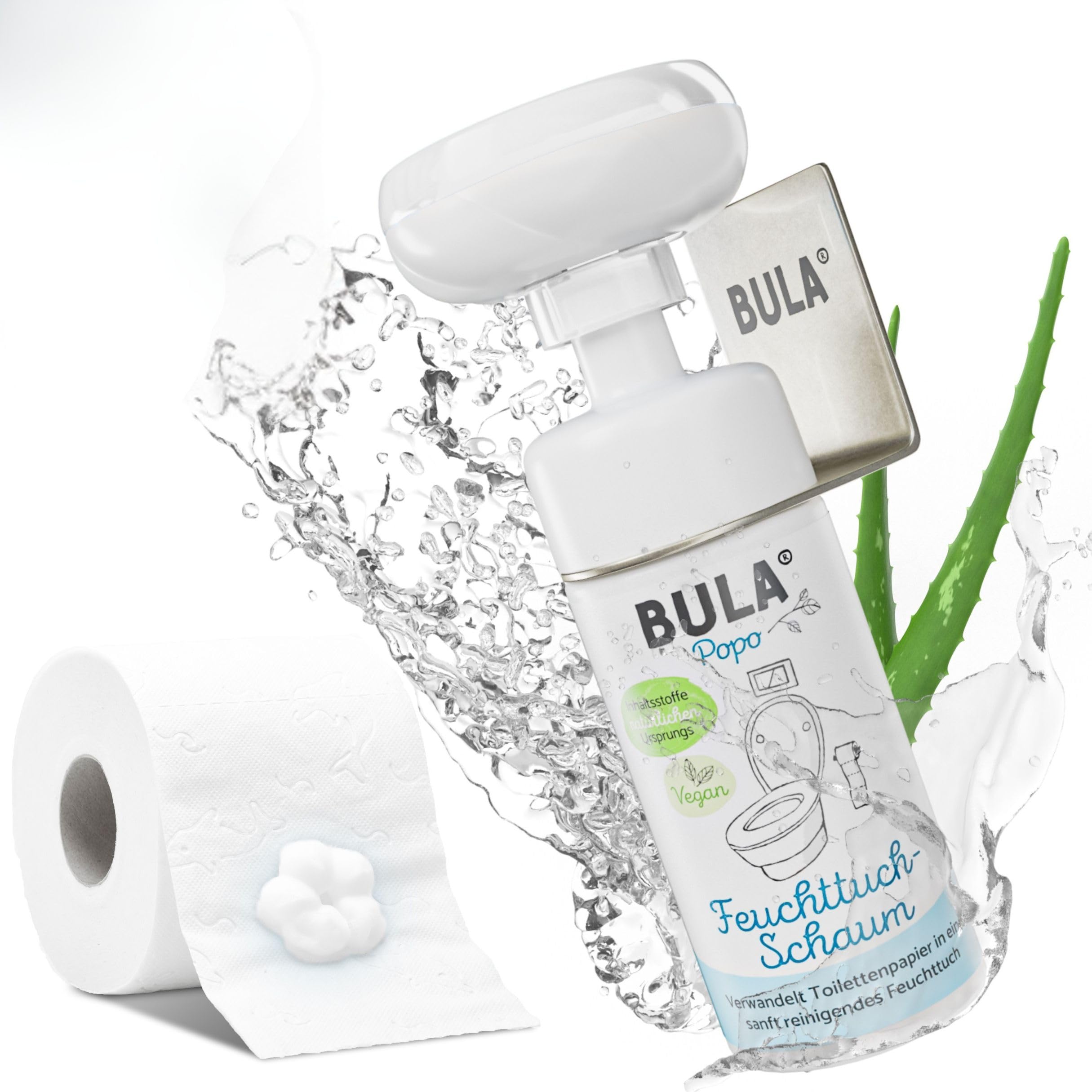 BULA® Popo Home Bundle | Feuchttuch-Schaum 150ml Flasche + Blumen-Schaumpumpe inkl. Edelstahl Halter | Popo Schaum als nachhaltige Alternative für (Baby u. Toiletten-) Feuchttücher | BULA Starterset
