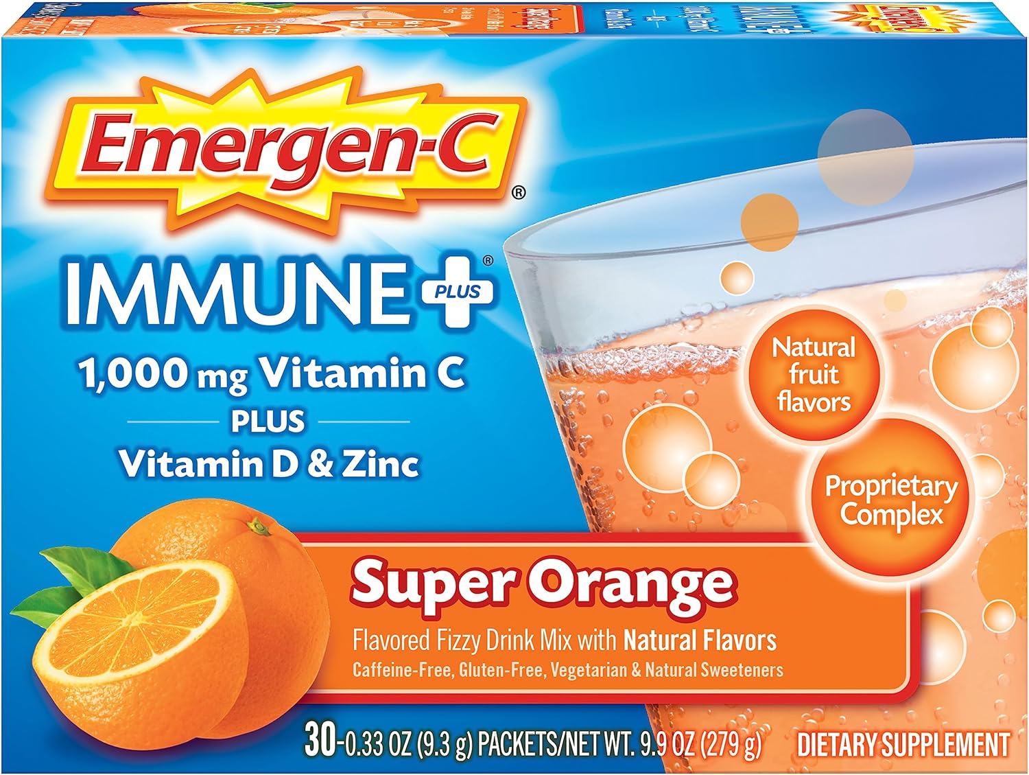 Emergen-C Immune+ 1000mg Vitamin C Powder, with Vitamin D, Zinc, Antioxidants and Electrolytes for Immunity, Immune Support Dietary Supplement, Super Orange Flavor - 30 Count/1 Month Supply