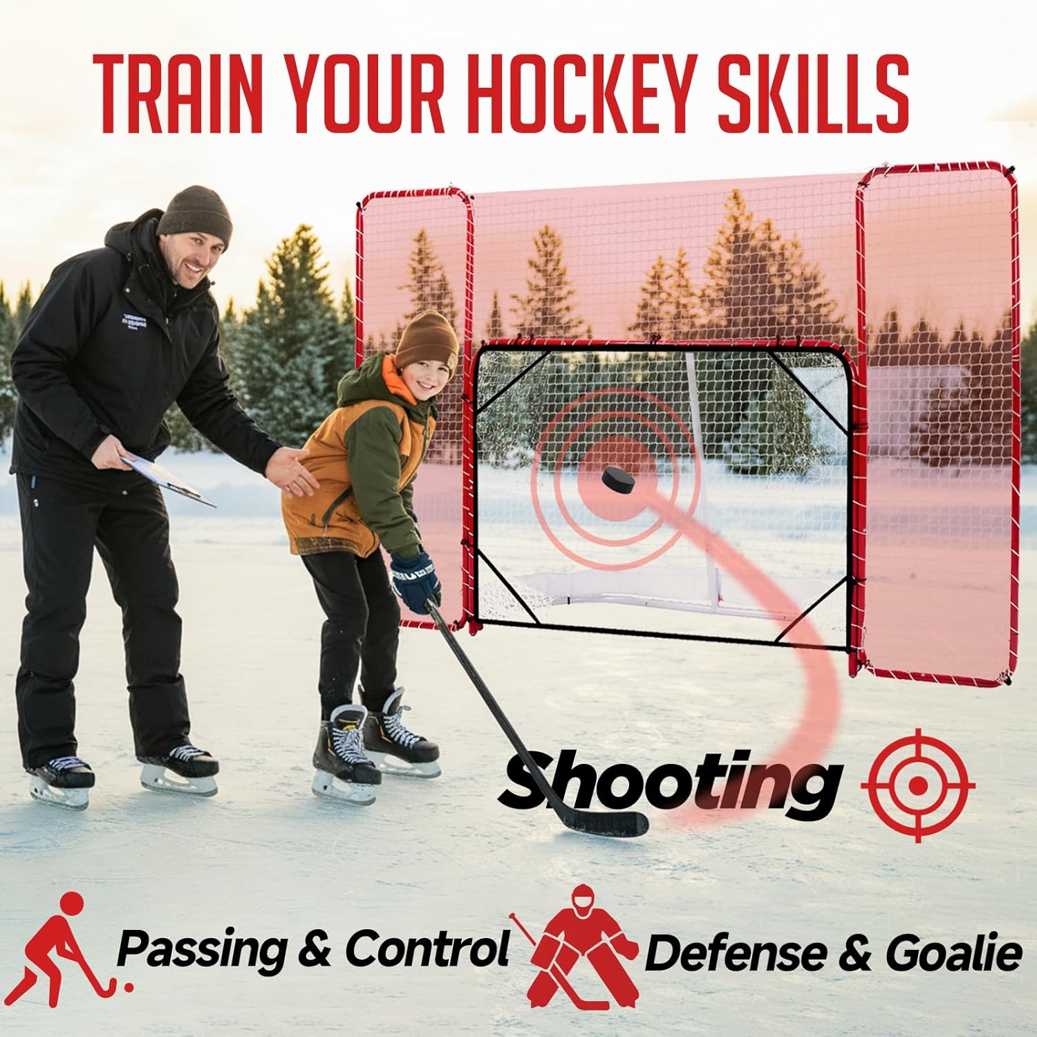 ZEALFEEL Hockey Net with Backstop 10x6FT, Pro Hockey Goal Training Set with Target Nets, Heavy-Duty Steel Frame & 5-Strand Tear-Resistant Netting for Shooting Passing Goalie & Protection Practice