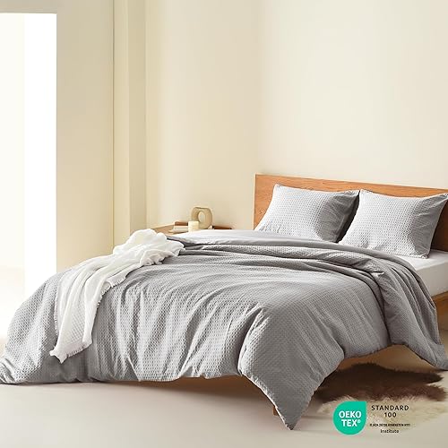 Miniatura 2 de Comfort Spaces Juego de funda de edredón tamaño Queen de color gris claro, 3 piezas, transpirable, con textura de gofre, funda de edredón y funda de