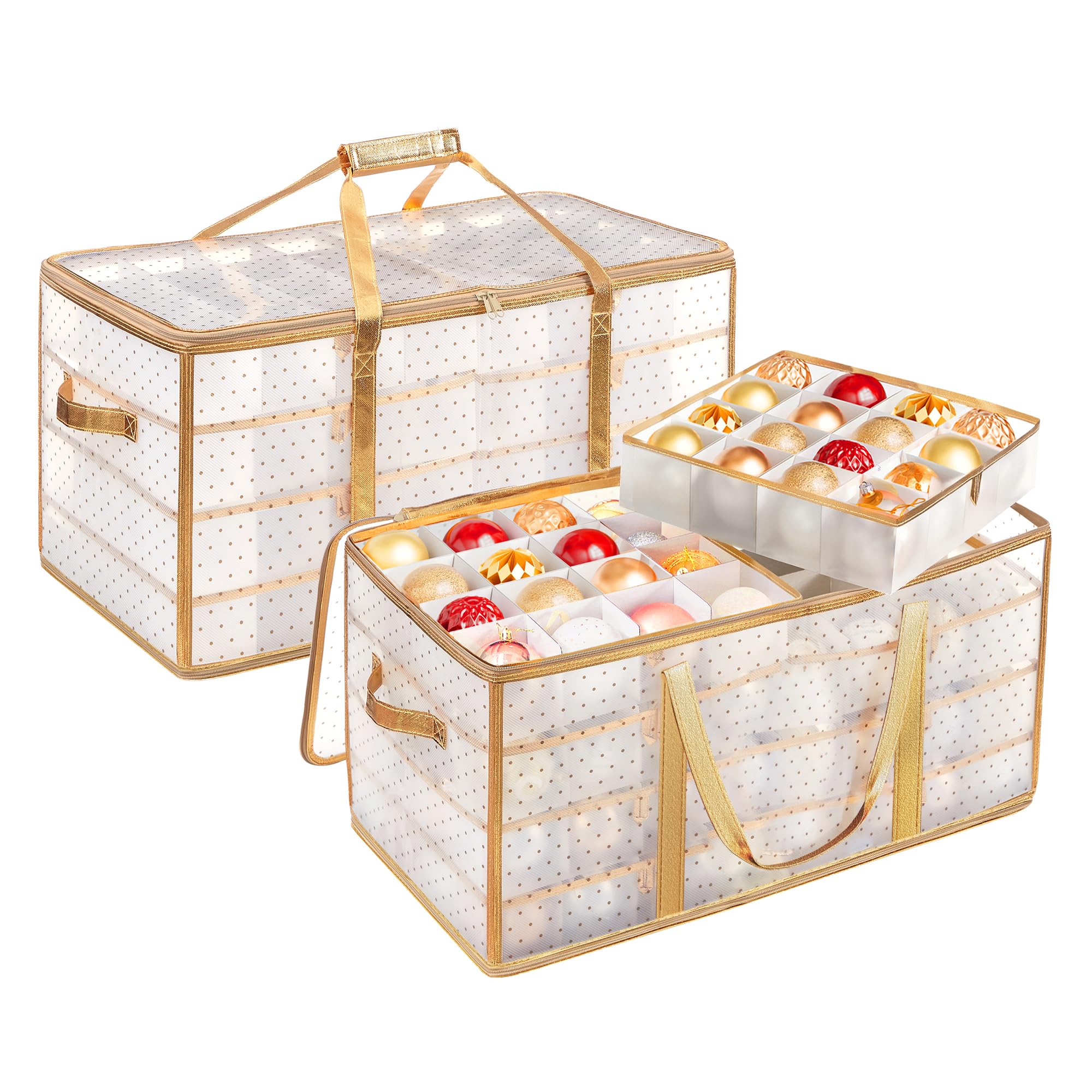 SONGMICS Set of 2 Large Christmas Ornament Storage Boxes, 16 Trays, Hold 256 Balls up to 3-Inch, Plastic Christmas Storage Containers with Lids, Dual Zippers, Side Handles Sandy Gold URFB029