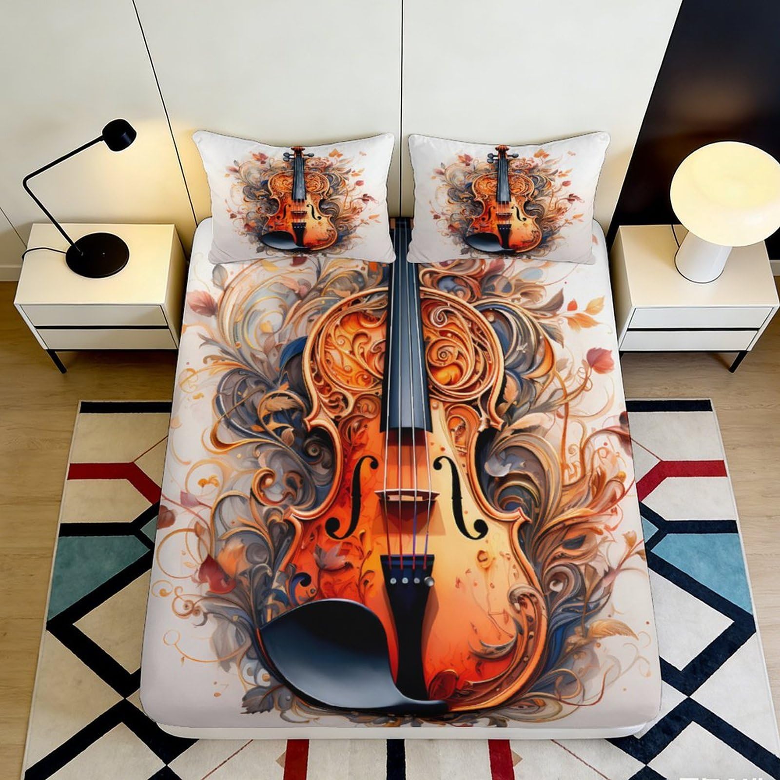 3D Printed Baroque Violin Fitted Sheet Microfiber Soft Vibrant Autumn Leaves Bed Cover for Bedroom Dorm Mattress Protection Decor 90x200x25cm