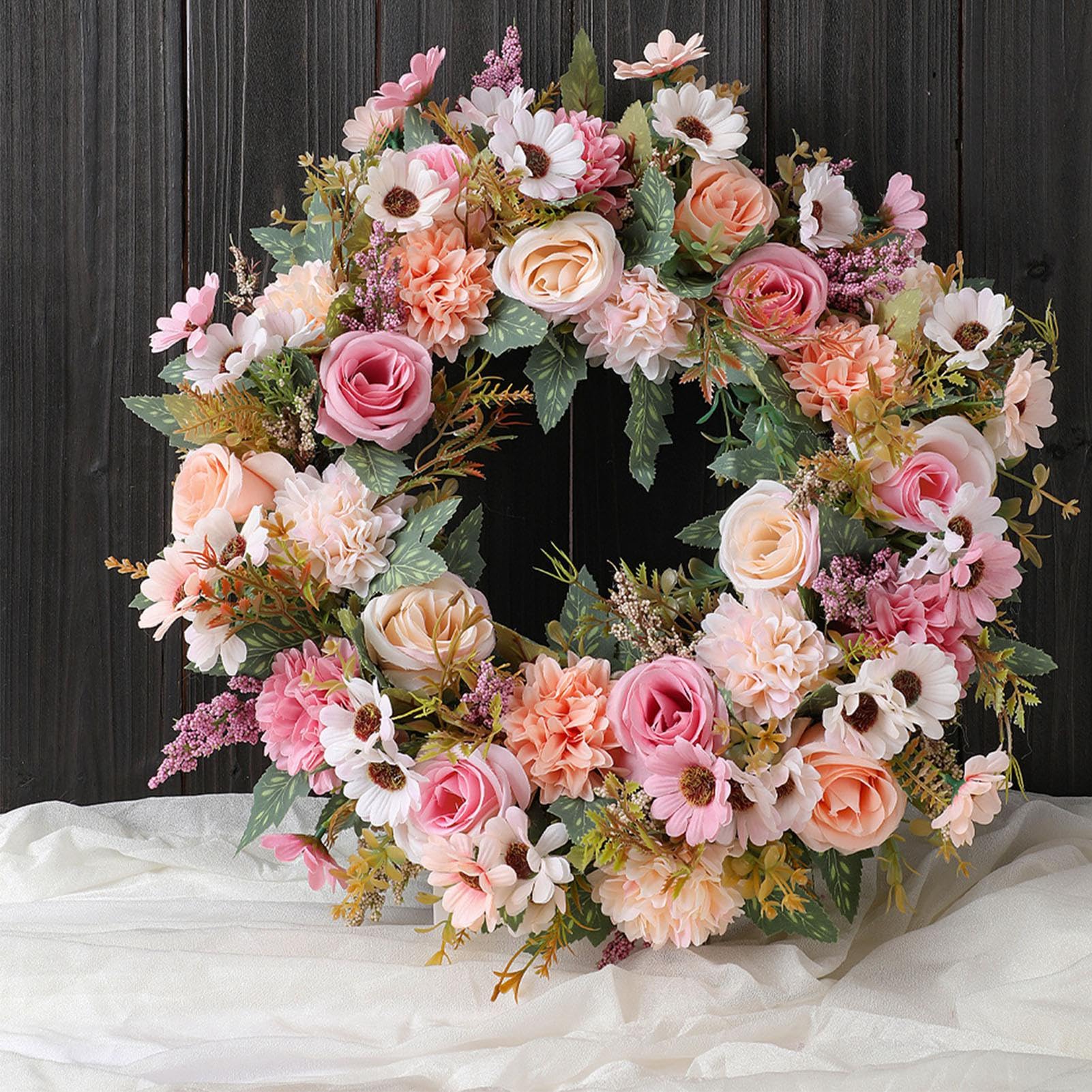 Ausla Ghirlanda Primaverile Artificiale con Ortensie e Rose, Ghirlanda | Materiale per Fiori di Seta, per Uso Interno Ed Esterno, Decorazione da Parete o Sfondo per Feste, Facile Manutenzione,