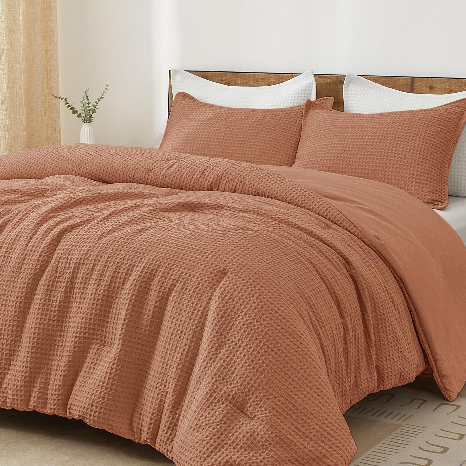 phf ultra soft waffle weave comforter set king size, 3 pieces lightweight breathable comfy bedding set, comfy textured 1 comforter with 2 pillow shams, terra cotta