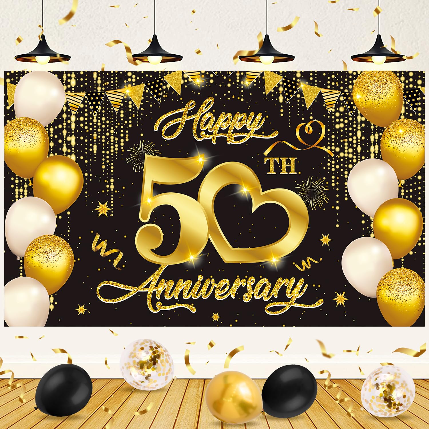 Happy 50th Wedding Anniversary Banner Decorations, Black Gold 50th Anniversary Sign Party Supplies, Photo Booth For Outdoor Indoor