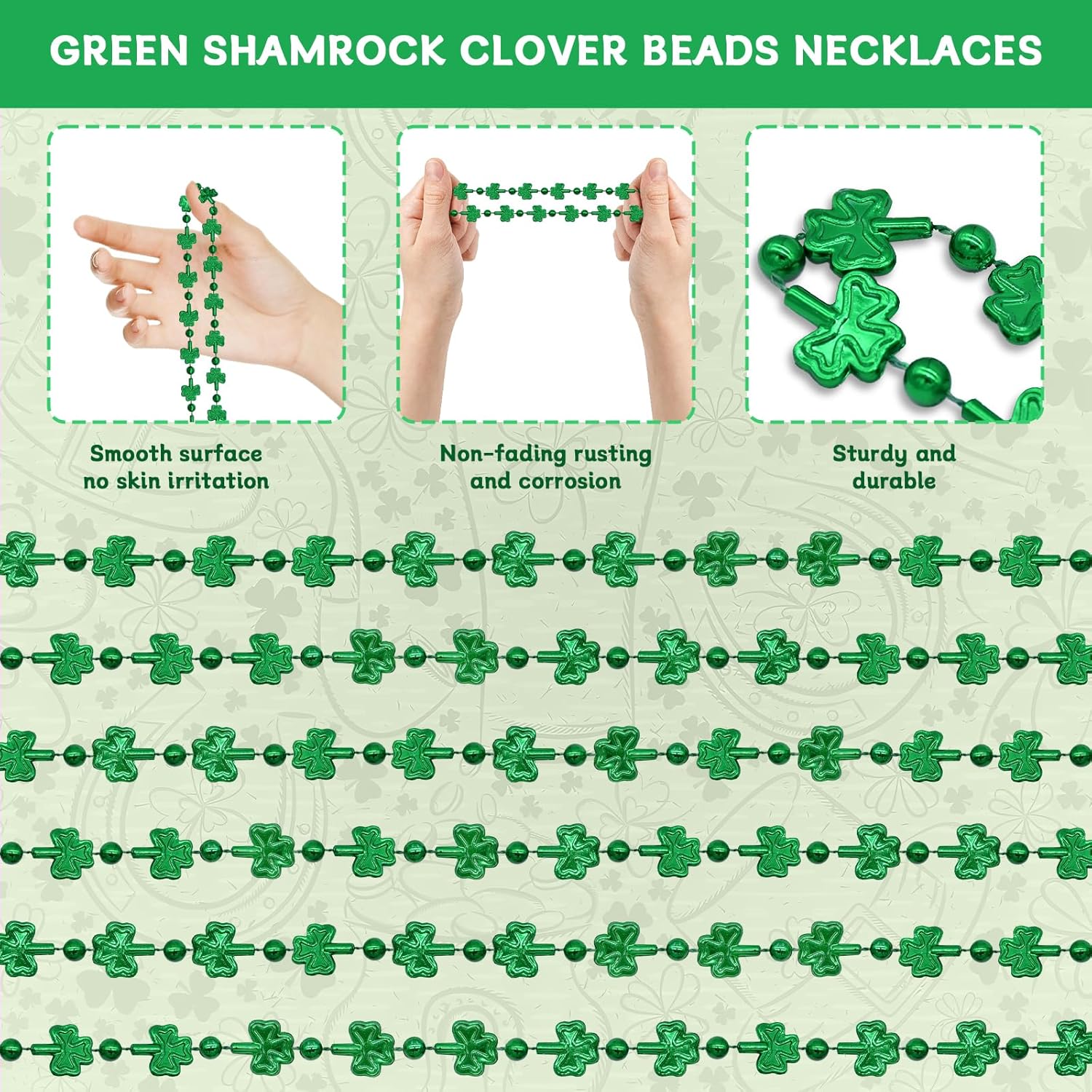 12 Pcs 33" Green Shamrock Bead Necklaces Bulk - Lucky Clover-Shaped Plastic Beads Necklaces Bundle for St. Patrick's Day Celebrations, Parade Accessories, and Irish-Themed Party Favors - Image 3