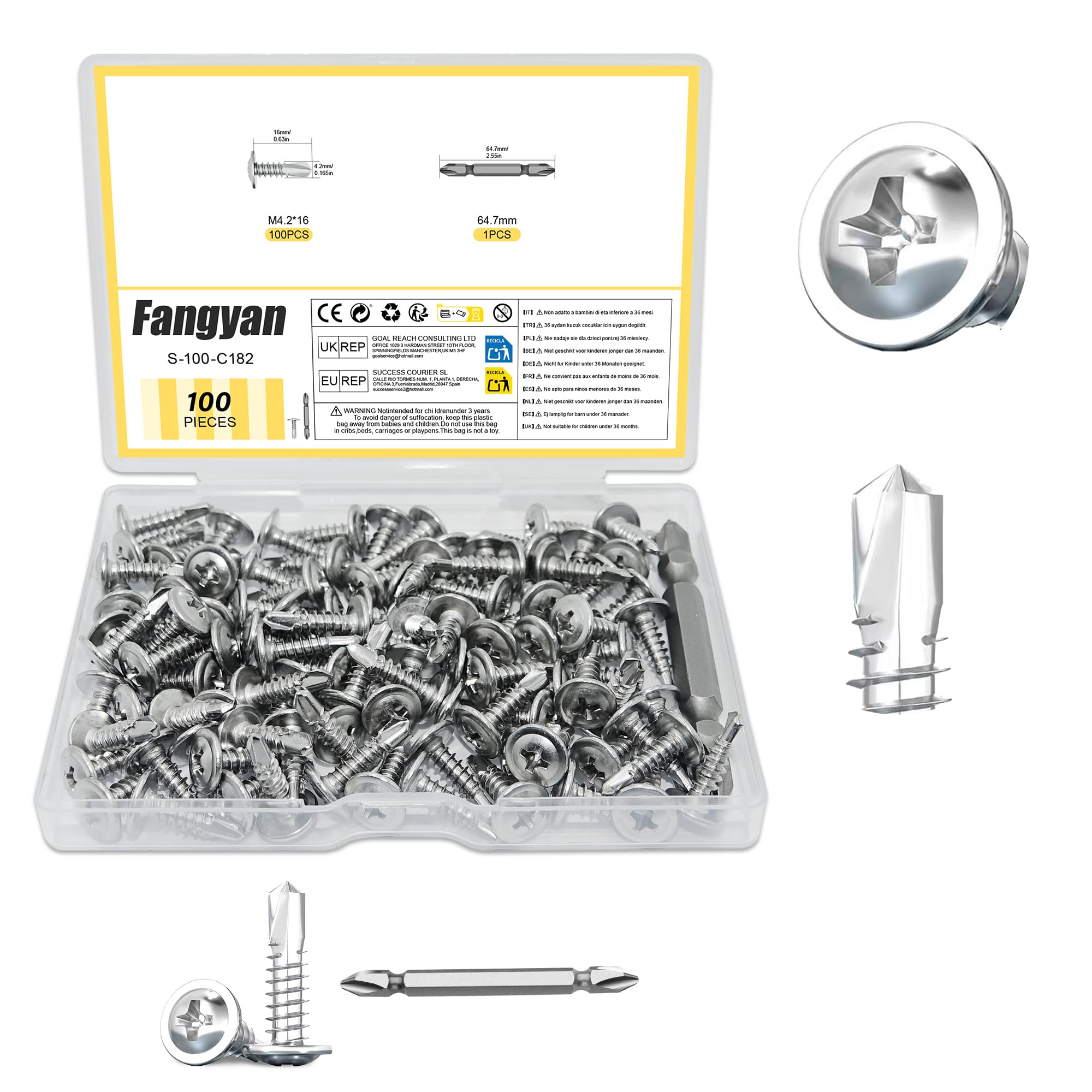 Fangyan 100Pcs M4.2×16mm Wafer Head Self Drilling Screws, High Strength 410 Stainless Steel Sheet Metal Screws with Screwdriver Bit for Sheet Metal Installation