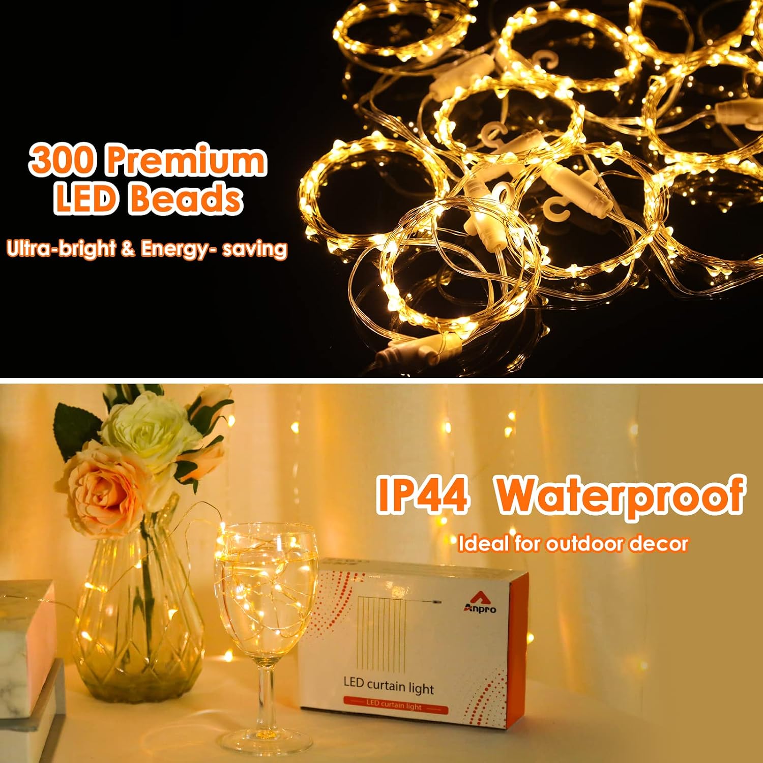Anpro Led Light Curtain 3M X 3M, 300 LED Window Curtain String Light with 8 Light Models USB Powerd Starry Lights for,Party Bedroom Valentine's Day Gift.