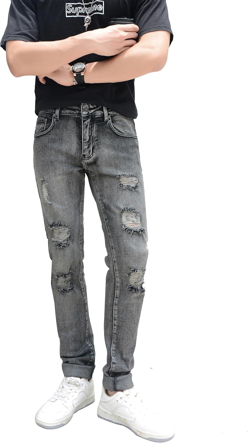 CICOS Mens Jeans Slim Fit Stretch Ripped Jeans for Men Relaxed fit Distressed Straight Leg Fashion Cotton Comfort Flex Pants