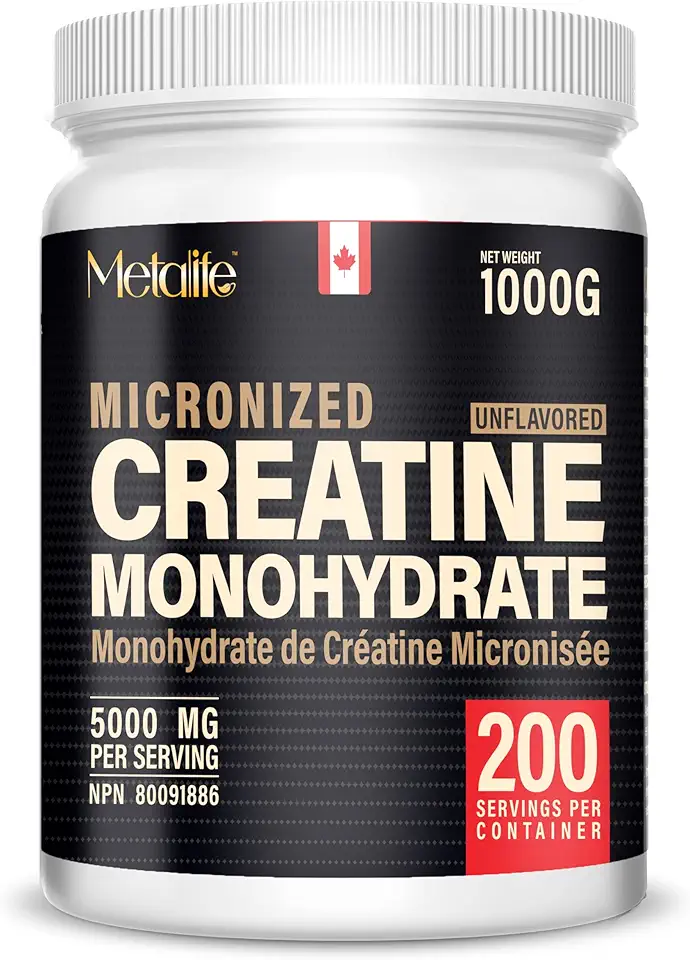 MetaLife 100% Pure Creatine Monohydrate Powder, Canada-Made, 1000 g (200 Servings) Micronized Powder, For Muscle Growth, Strength & Performance, No Additives, Unflavored, Ideal for Athletes & Fitness Enthusiasts, Third party lab tested, Vegan, Non-GMO, Gluten Free, Soy Free, Clean & Pure, Improved Performance and Recovery for Men and Women