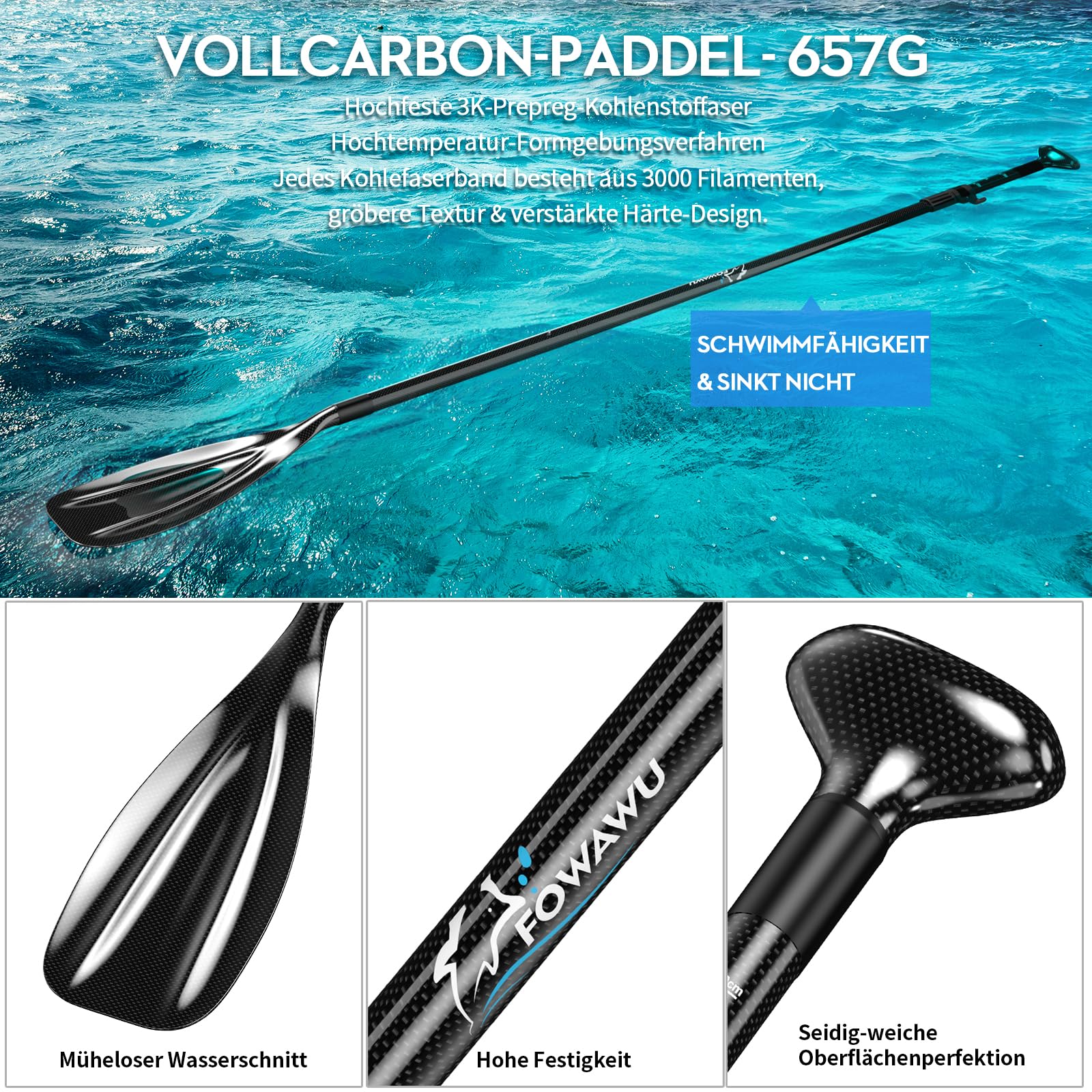 FOWAWU Halbcarbon- / Carbon-SUP-Paddel – 3-teiliges verstellbares Paddel für Stand-up-Paddleboards – Leichtes & schwimmendes Ruder für SUP-Bretter