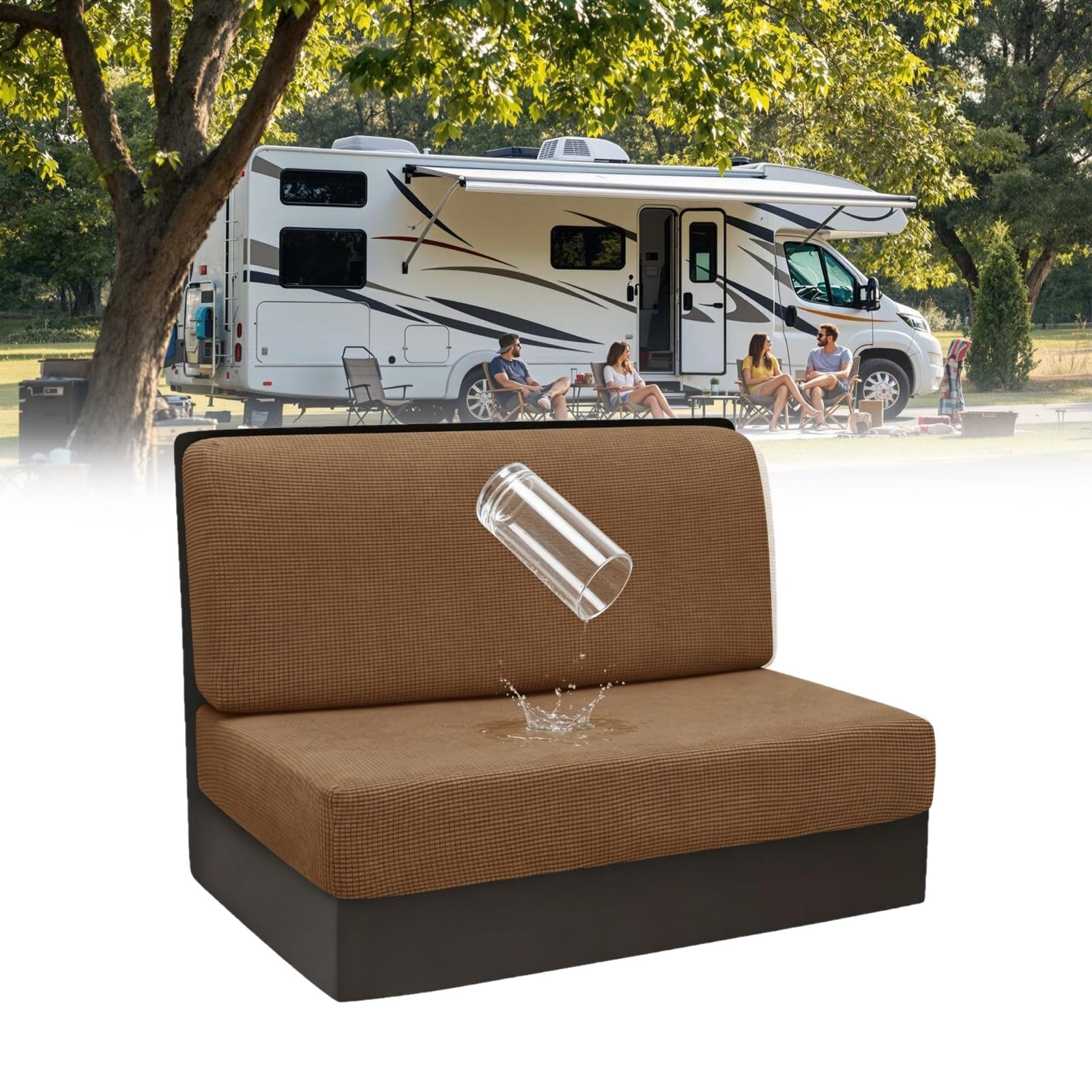 Housse De Coussin De Siège De Caravane, 2 Pièces (1 Set) Élastique Hydrofuge Lavable Housse Banquette RV Housses De Canapé pour Dinette De Camping-Car (Treillis, Couleur Café)