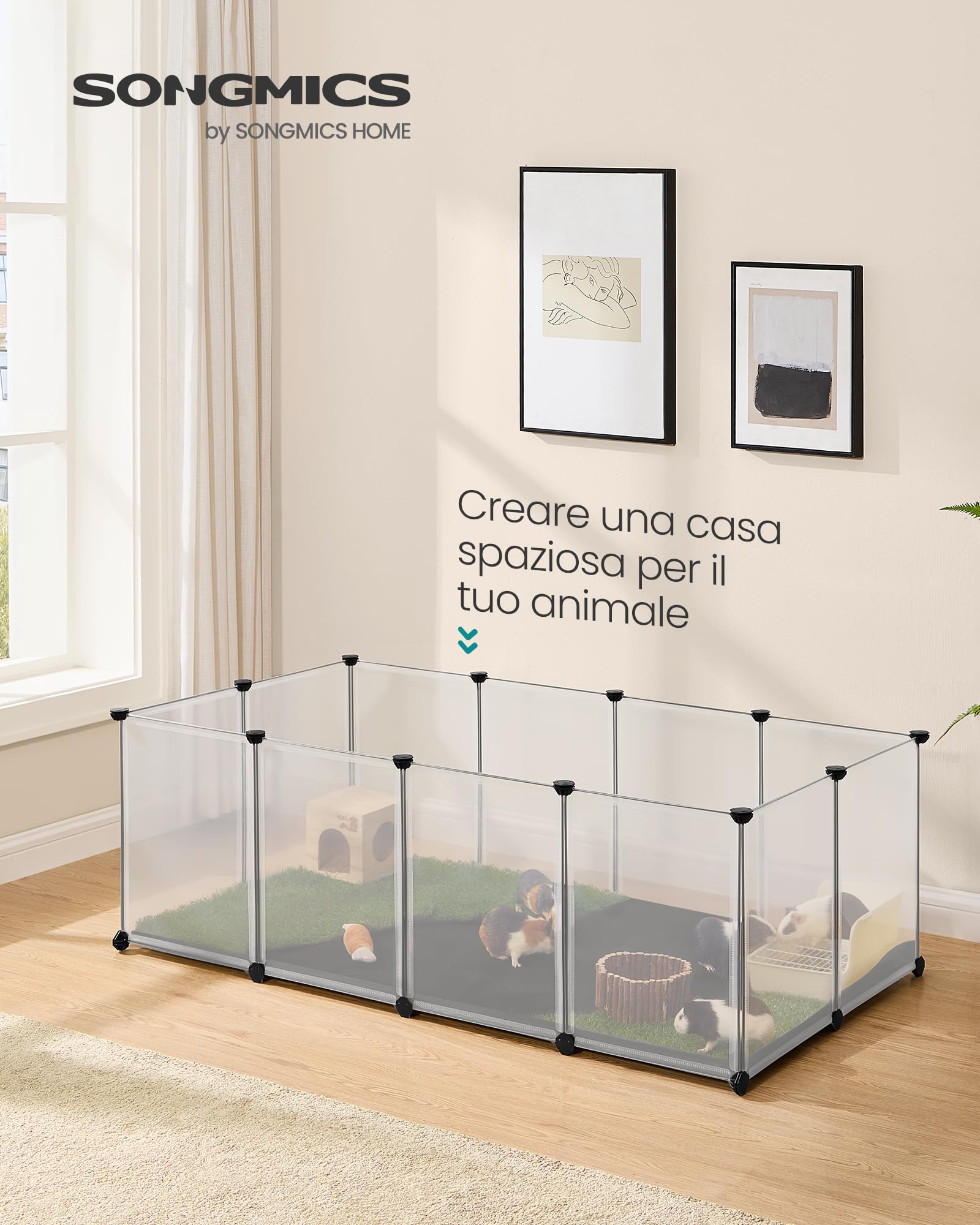 SONGMICS Recinto per Animali con Fondo e Tappeto Impermeabile e Rimovibile, Recinzione per Animali Piccoli, per Criceti, Conigli, Ricci, Porcellini d’India, 143 x 73 x 46 cm, Bianco LPC012W01