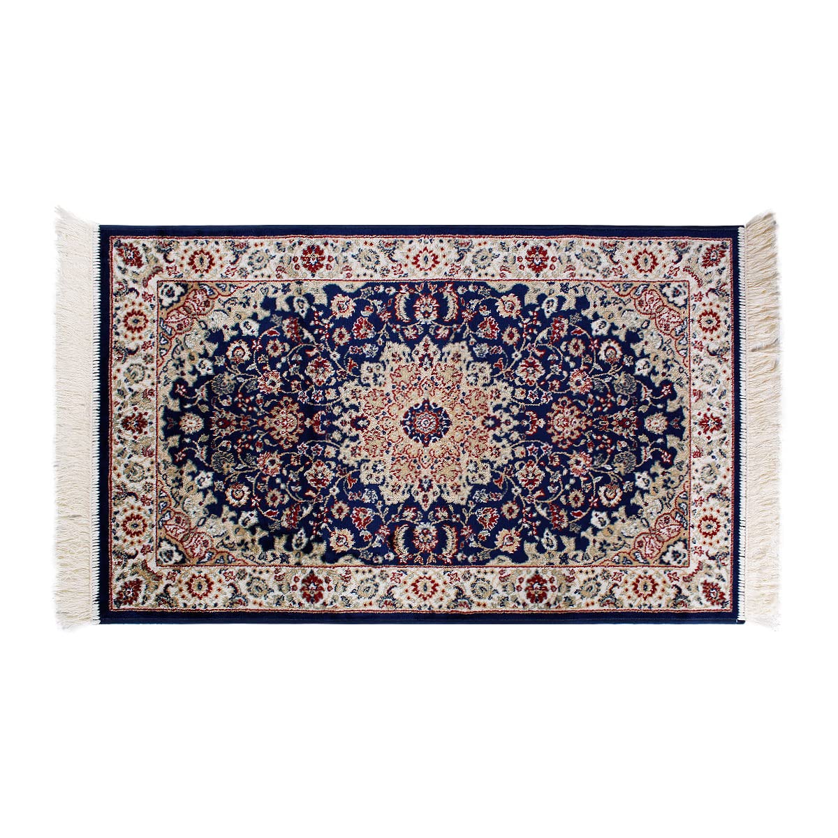 Tapis oriental perse classique SaRani avec frange dorée décor bleu bordeaux vert (140 x 200 cm, Bleu)