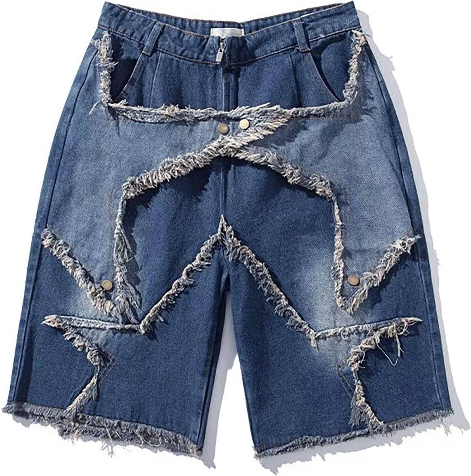 Womens Jean Shorts Star Patchwork Wide Leg Elastic Waist Drawstring Y2k Baggy Denim Shorts