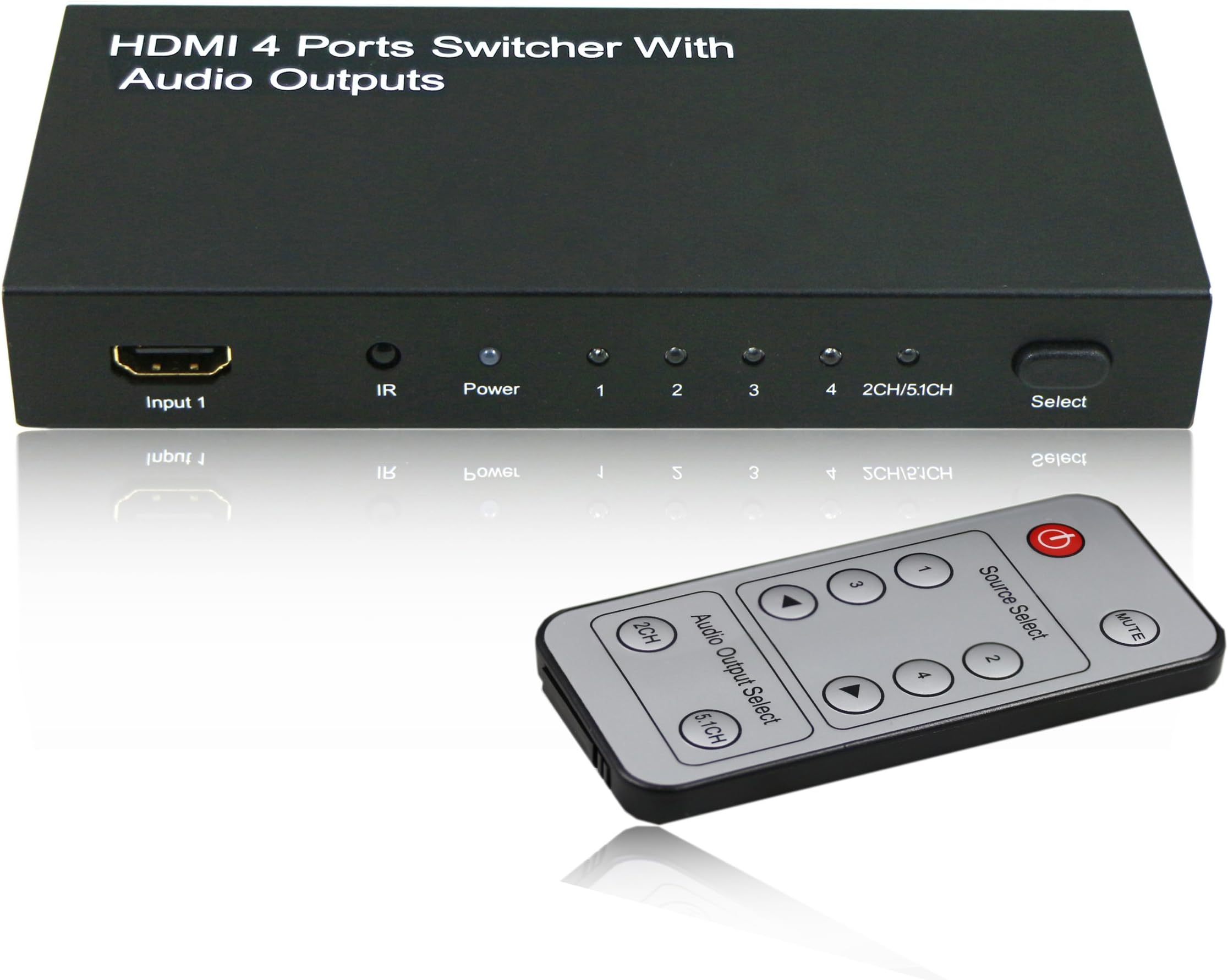 Panlong 4-Port 4x1 HDMI Switch Switcher Box 4 In 1 Out with Optical SPDIF TOSlink, Coaxial and Analog 3.5mm Audio Output Supports 3D