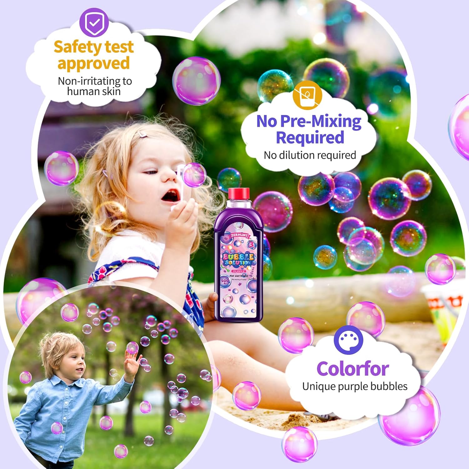 Zerhunt Non-Toxic Bubble Solution Refills: Purple Bubble Solution Suit Various Bubble Toys - 500ML Magical Bubble Refill for Bubbles Machine