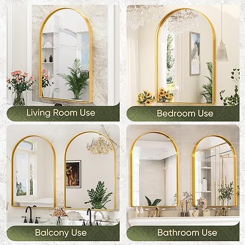 Miniatura 8 de Espejo de baño, espejo de pared de 22 x 30 pulgadas para baño, espejos arqueados, marco de metal cepillado, espejo de baño dorado para sala de