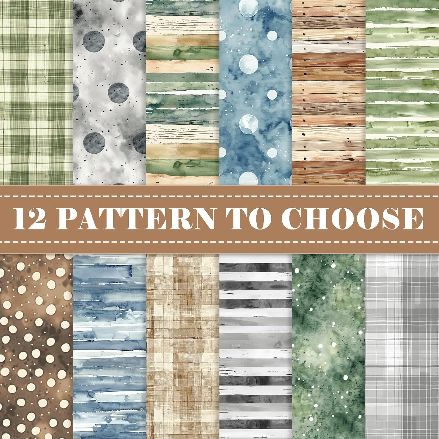 24 Sheets Earth Tones Scrapbook Paper, 11.8'' x 11.8'' Watercolor Stripes Polka Dots Patterns Decorative Craft Paper Folded Flat for Birthday Card Making Baby Shower Photo Album Decor