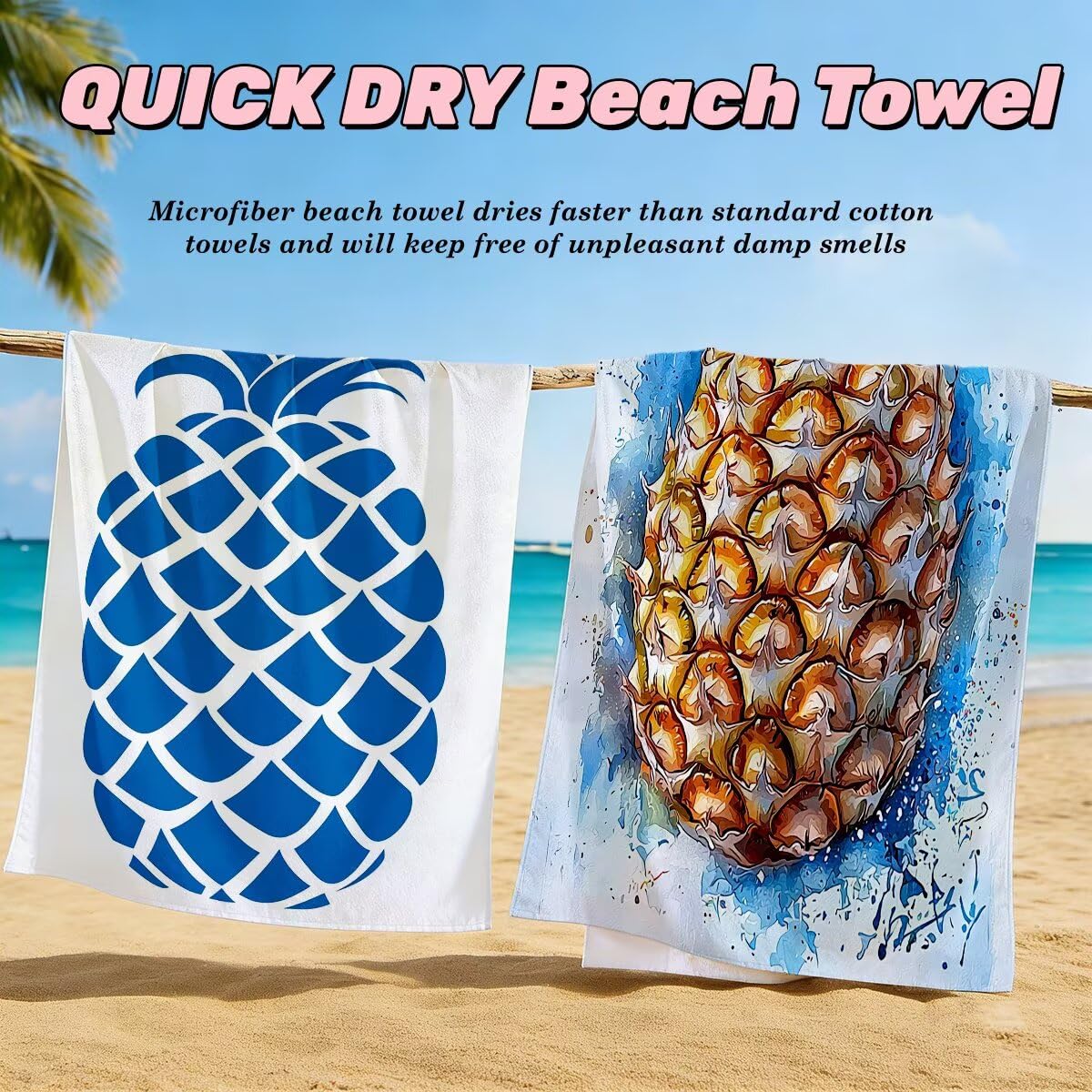 Juego de 2 Toalla Playa Grande 80x160 cm, Secado Rapido Toalla Microfibra Gimnasio, Antiarena Toallas de Playa Piña, Grande Ligera Compacta Toallas Microfibra Mujer Hombre para Viaje Piscina -5120