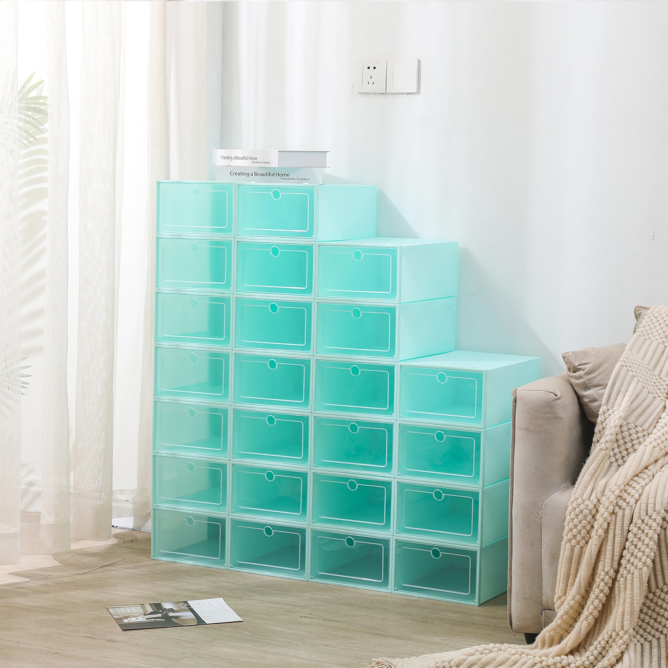 Juego de 24 cajas de zapatos de plástico, plegables y apilables, para zapatos de hasta la talla 44, ahorrarás mucho espacio de almacenamiento (verde esmeralda)