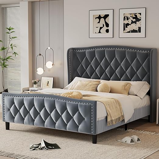 MWrouqfur Velvet Queen Bed Frame with Wingback Headboard