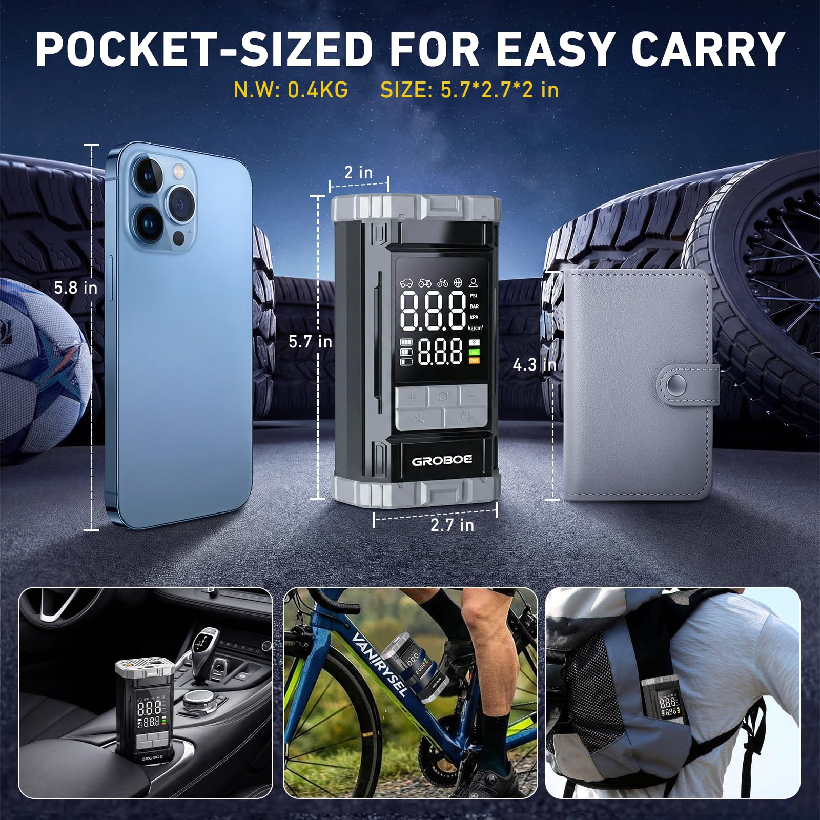 GROBOE Tyre Inflator Air Compressor Portable Car Tyre Pump Cordless Car Air Pump with Digital Pressure Gauge 12V DC 150PSI Rechargeable Electric Bike Pump with Auto Shutoff for Bike Motorcycle Ball - 3