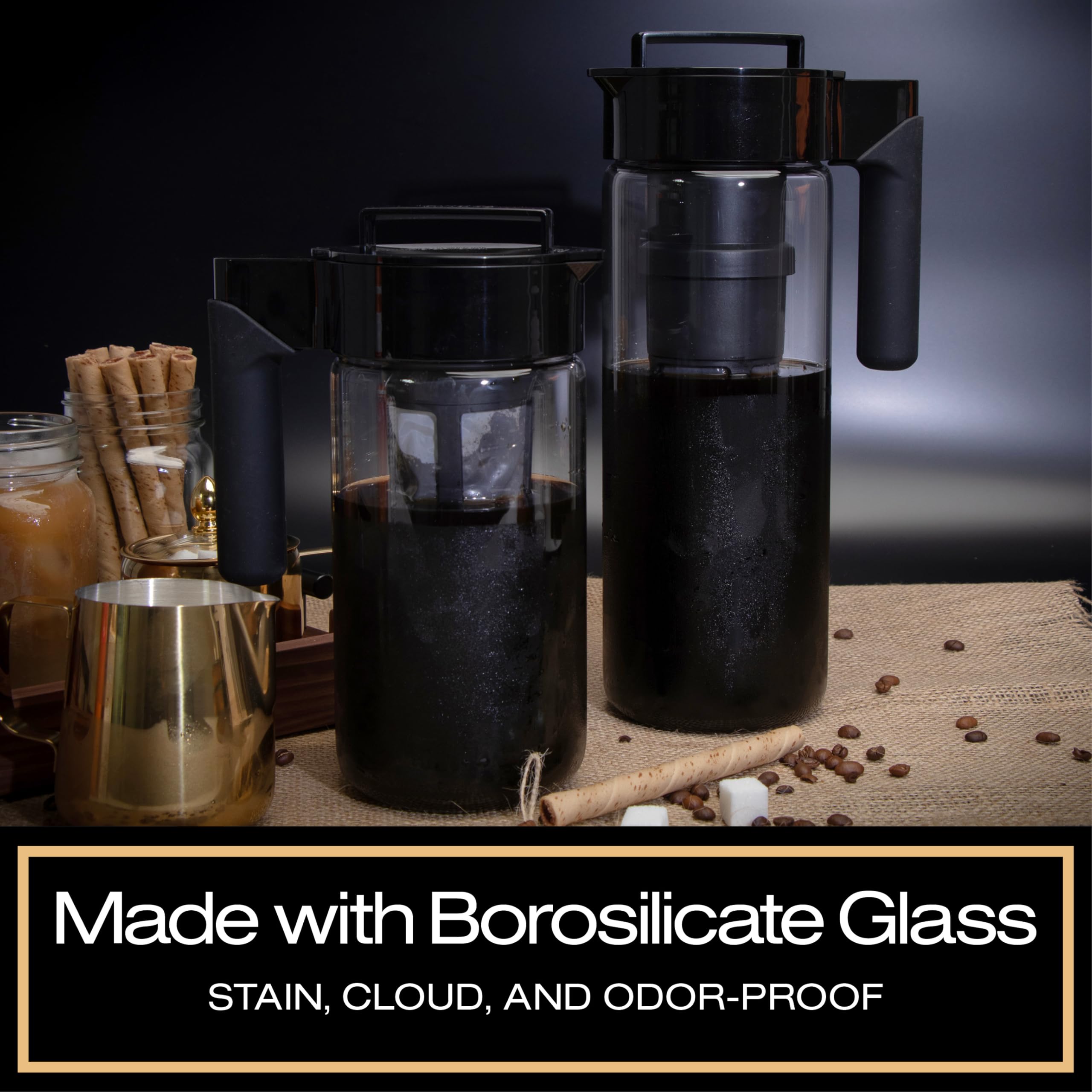Takeya Kaltgebrühter Glas-Kaffeemaschine für Eiskaffee, luftdichter Krug, Premium-Qualität, 1 Quart, schwarzer Deckel und Griff