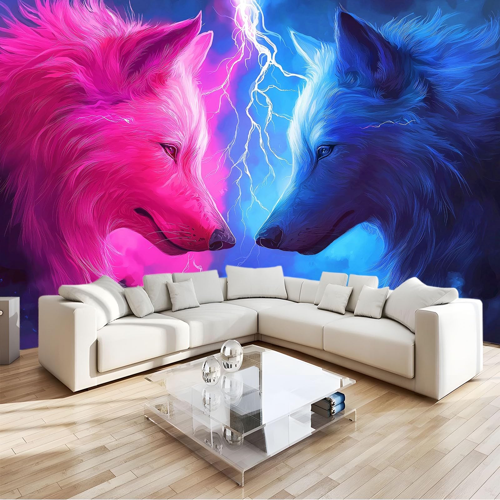 Générique Panoramiczna tapeta fantazyjne zwierzęta wilk błyskawica niebieski puder plakat ścienny z włókniny 350 x 256 cm dekoracja ścienna do salonu, sypialni, biura i tła telewizora
