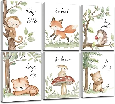 Framed Woodland Nursery Wall Art, Forest Animal Pictures Nursery Wall Decor, Safari Theme Wall Decor for Baby Kids Boy Girl Room Framed, 8x10inch, Set of 6