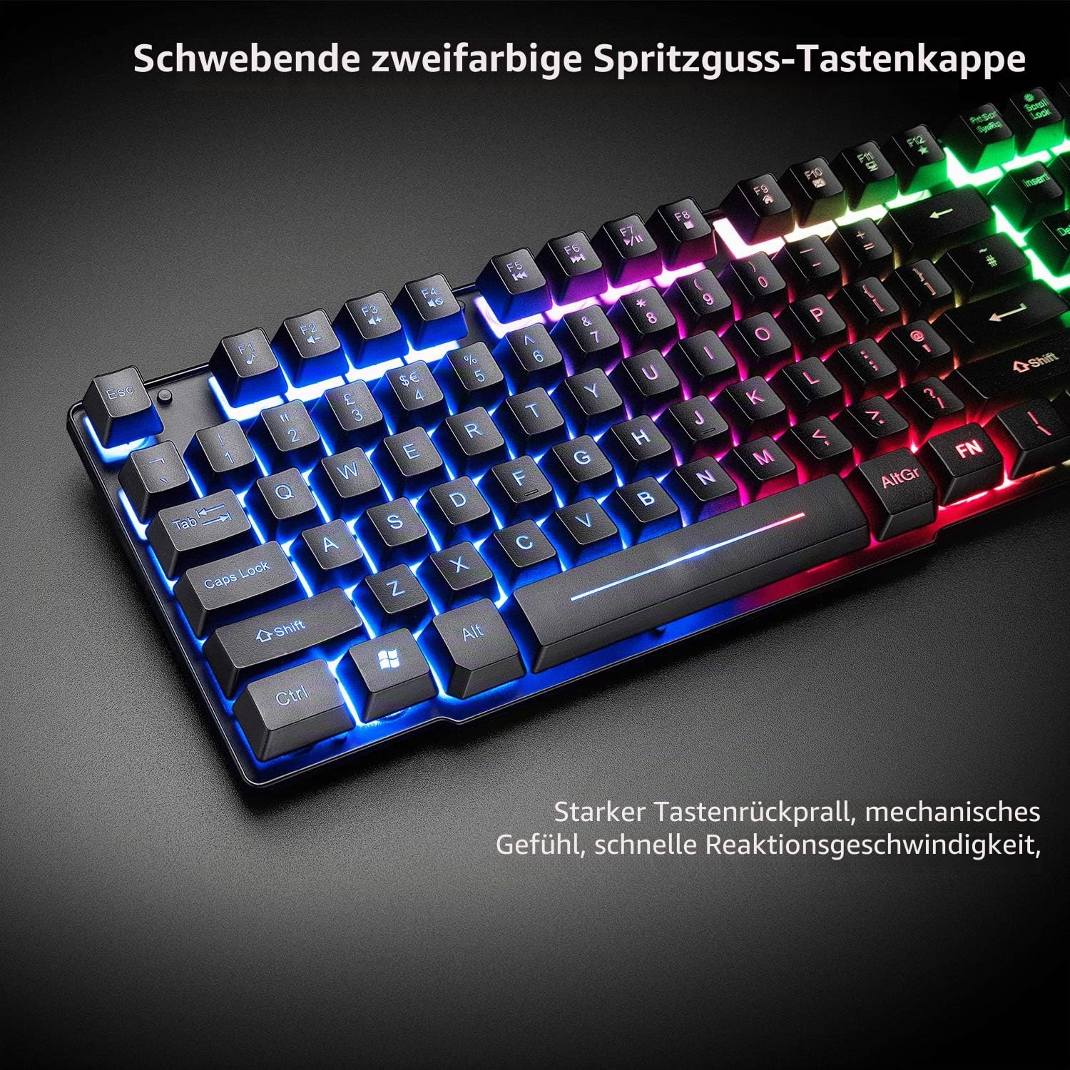 Gaming Tastatur Headset & Maus Set, 104 Tasten Rainbow Backlit UK Layout Tastatur 2400DPI Maus 7.1 Surround Sound RGB Leichte Waben Headset Mauspad Kombination für PS4 XBox(Need Adapter) Schwarz