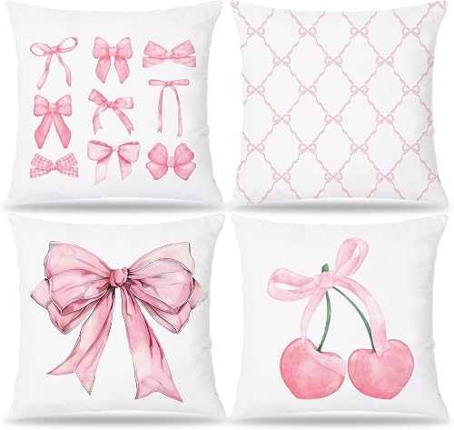 Pleonox Pink Coquette Bow Pillow Covers 18x18 Set of 4, Room Decor With Cherry H