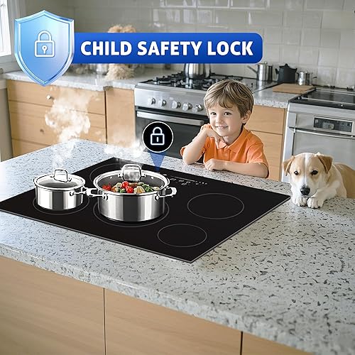 Miniatura 6 de Awoco Placa de cocina de cerámica de 36 pulgadas, estufa eléctrica de 9100 W con 5 quemadores con cable duro, temporizador digital de 9 niveles de