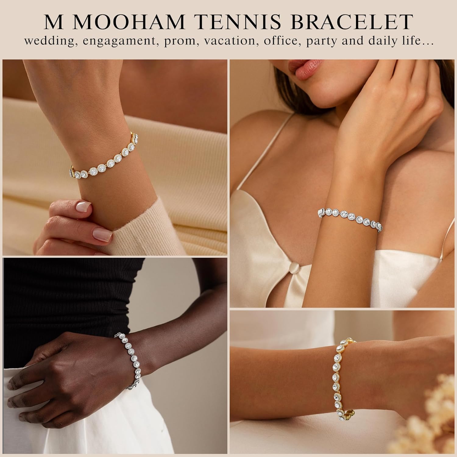 M MOOHAM Adjustable Tennis Bracelet for Women - Silver/14K Gold Plated Cubic Zirconia Tennis Bracelet Classic Round Cubic Zirconia Angelic Bracelets Jewelry Gifts for Women - Image 4