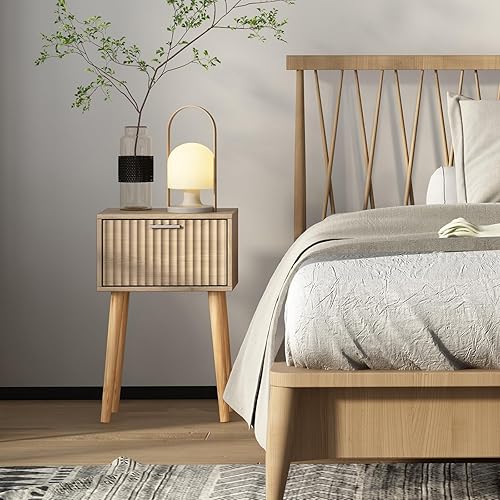 Miniatura 2 de LAATOOREE Juego de 2 mesitas de noche, mesa auxiliar pequeña, mesita de noche con puerta acanalada, pies de madera maciza mesa auxiliar moderna de